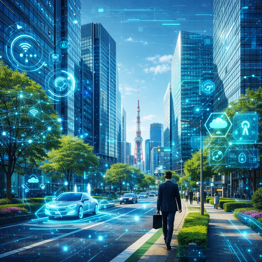 Businessman walking on a city sidewalk with futuristic smart technology holograms and connected autonomous cars