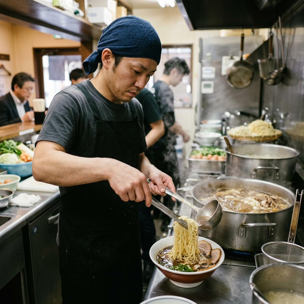 Chef ladling broth over ramen noodles in bowl with cooked meat and greens