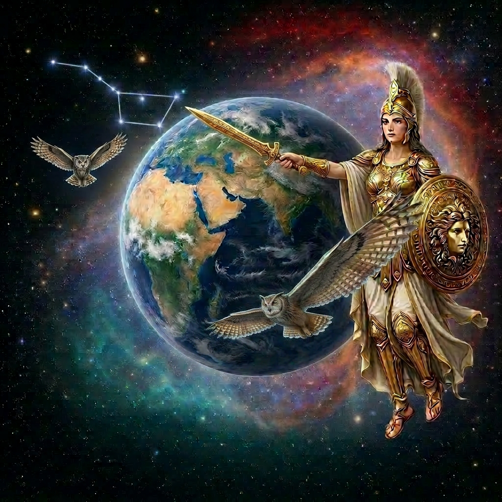 Globe displaying continents of Africa, Asia, and Australia with illuminated city areas and a cosmic galaxy background