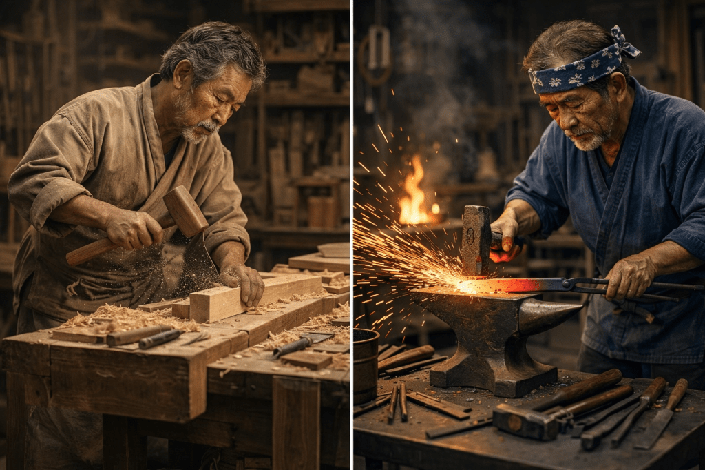 Blacksmith forging a heated blade on an anvil with sparks flying